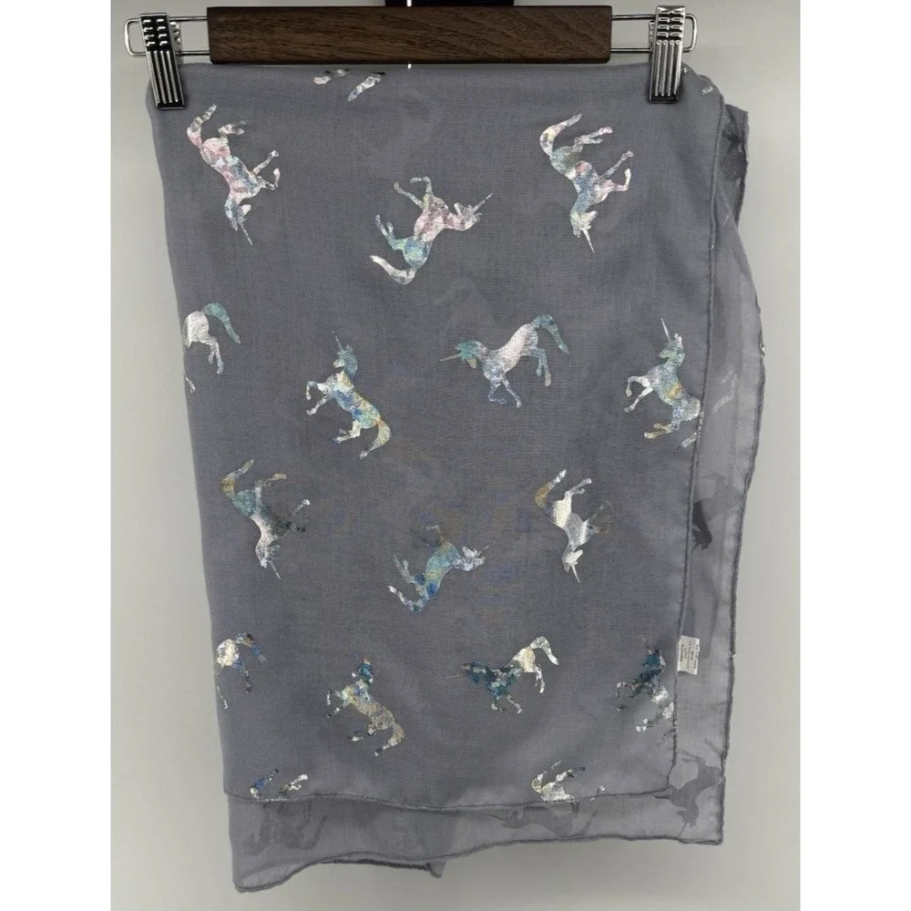 Ganz Grey Unicorn Scarf Iridescent Silver Foil Print Sheer Lightweight Wrap
